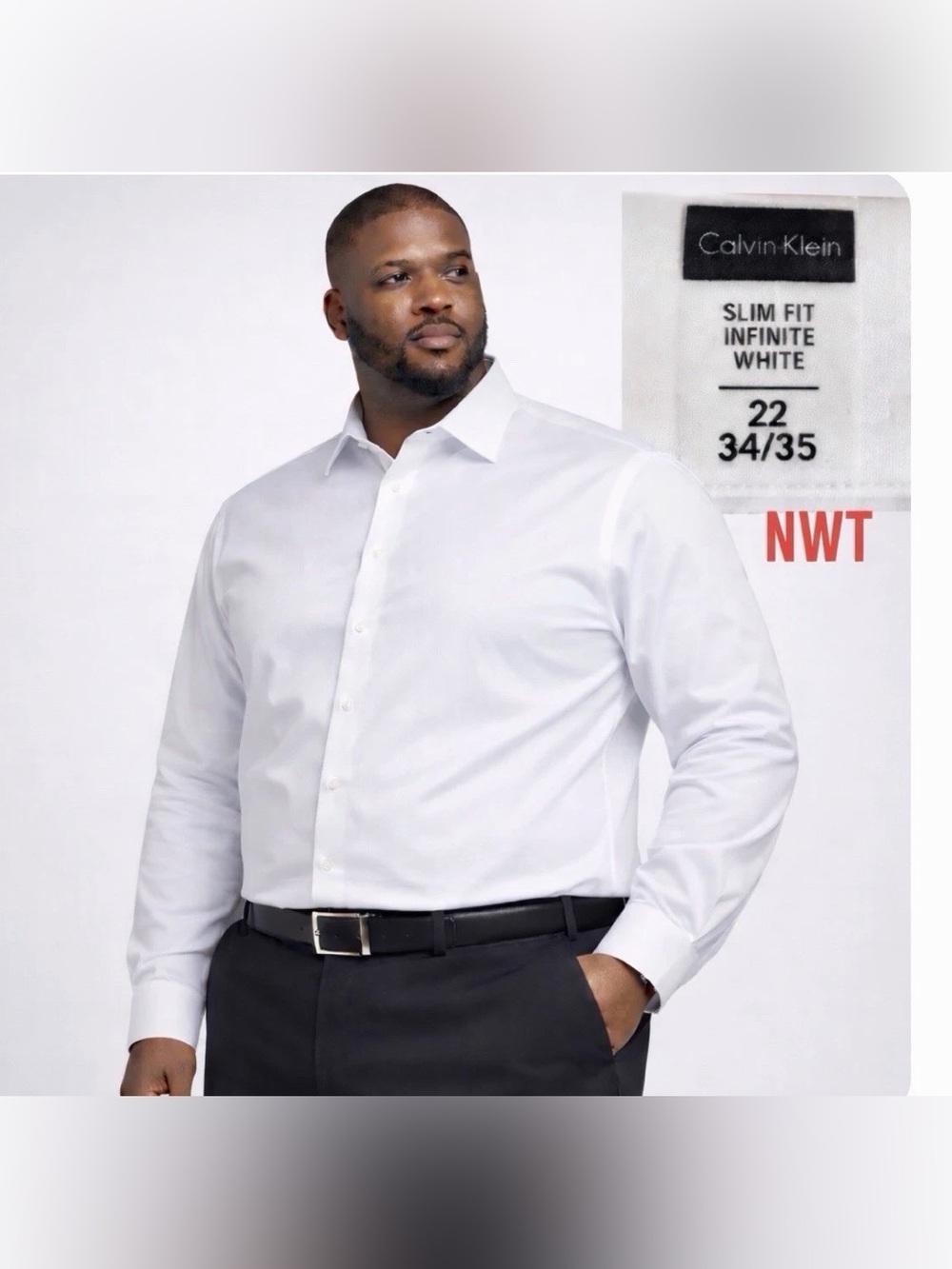 Calvin Klein Slim Fit White Dress Shirt 22 34/35 Big Tall Formal Button NWT NEW